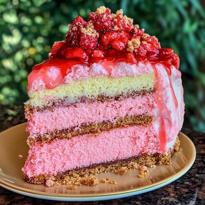 Delicious homemade Strawberry Honeybun Cake served on a platter.