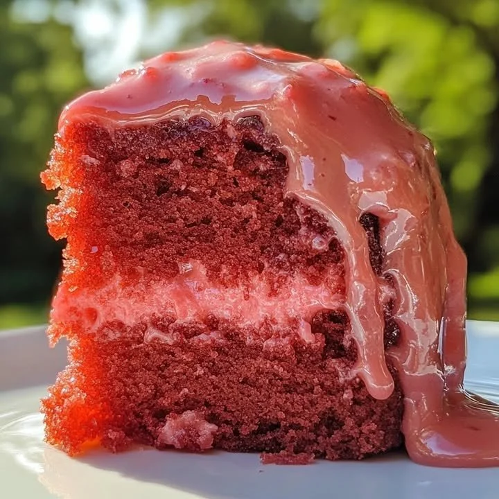 Strawberry Honeybun Cake with creamy cheesecake filling and fresh strawberries