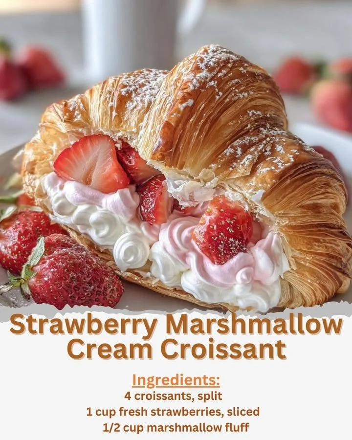 Delicious strawberry marshmallow cream croissant with fresh strawberries