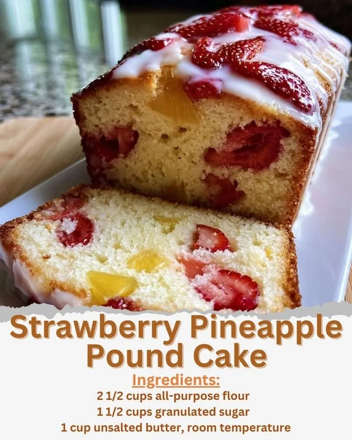 Slice of Strawberry Pineapple Pound Cake with fresh strawberries and pineapple
