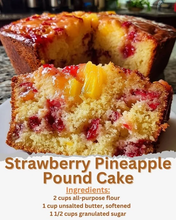 Slice of Strawberry Pineapple Pound Cake with fresh strawberries and pineapple