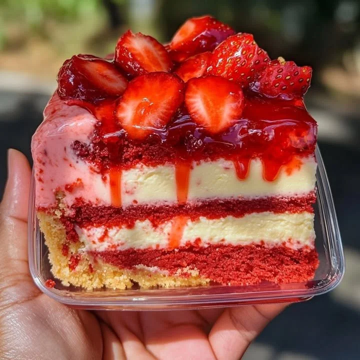 Strawberry Red Velvet Crunch Cheesecake topped with fresh strawberries and whipped cream