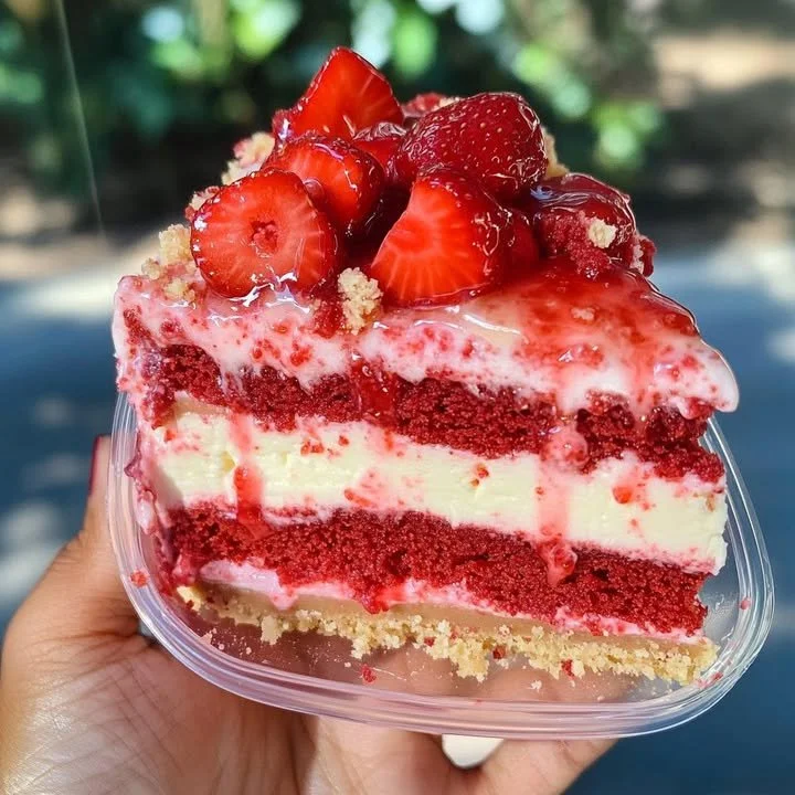 Strawberry Red Velvet Crunch Cheesecake with creamy layers and crunchy topping