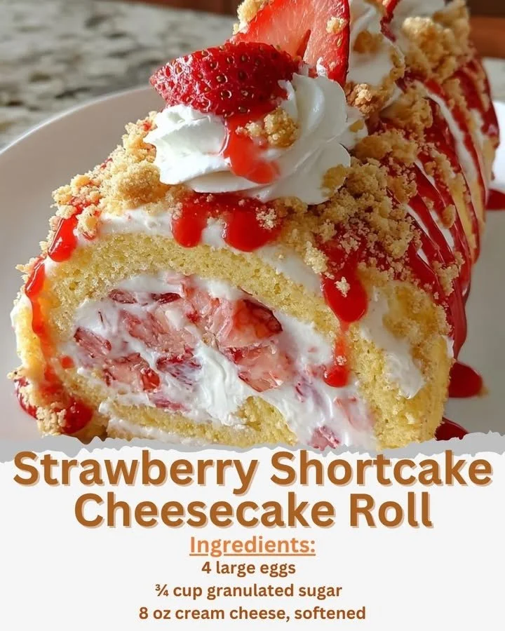 Strawberry Shortcake Cheesecake Roll served with fresh strawberries