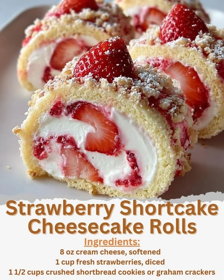 Strawberry shortcake cheesecake rolls topped with fresh strawberries and whipped cream.