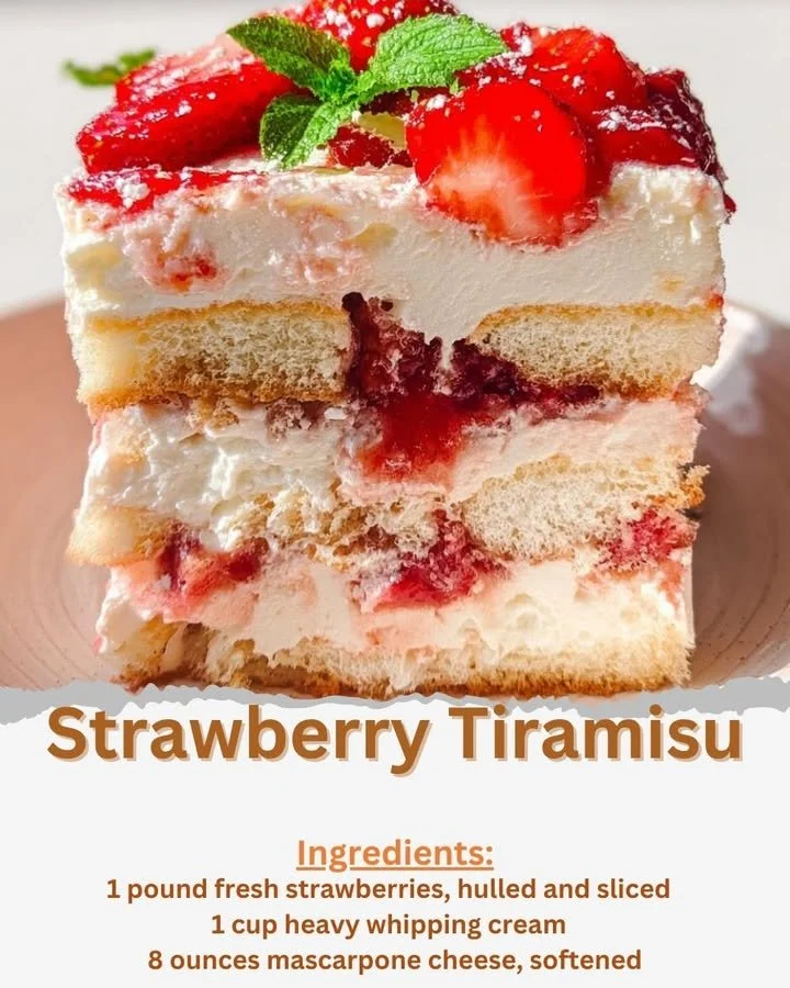 Delicious strawberry tiramisu dessert layered with fresh strawberries and cream