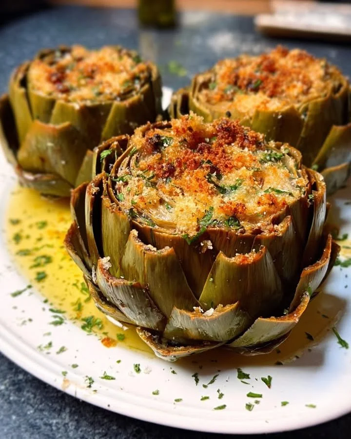 Delicious stuffed artichokes filled with a savory mixture of herbs and breadcrumbs.