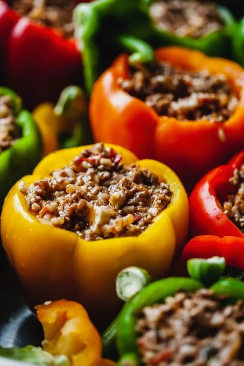 Colorful stuffed peppers filled with rice and vegetables on a plate.