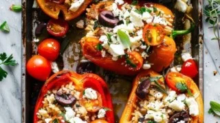 Colorful stuffed peppers filled with rice, beans, and vegetables on a plate.