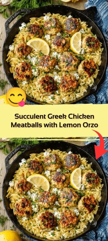 Plate of succulent Greek chicken meatballs served with lemon orzo