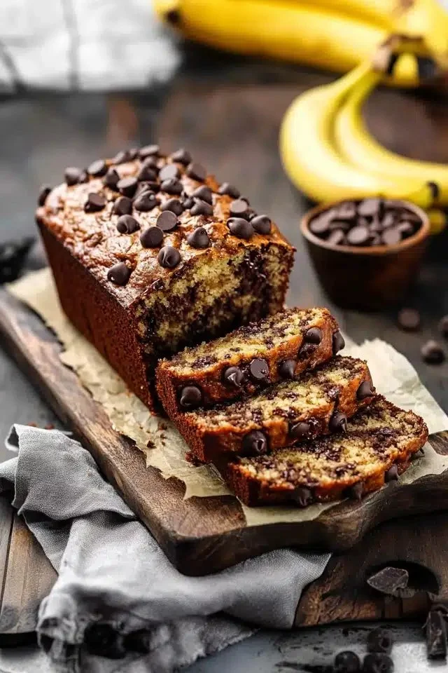 Slice of super moist chocolate chip banana bread on a wooden table