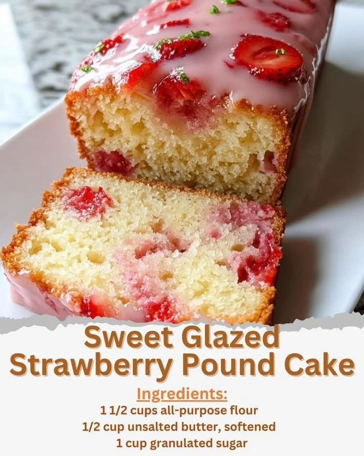 Sweet Glazed Strawberry Pound Cake with fresh strawberries on top