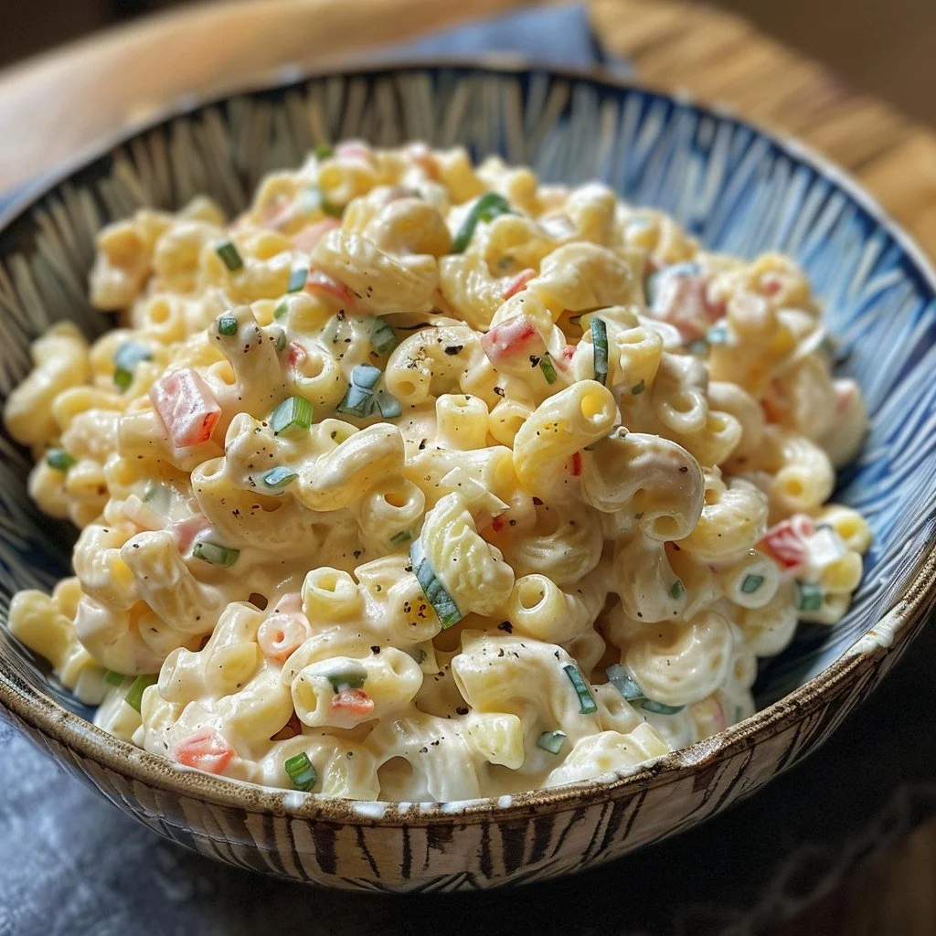 Sweet macaroni salad with colorful vegetables and creamy dressing
