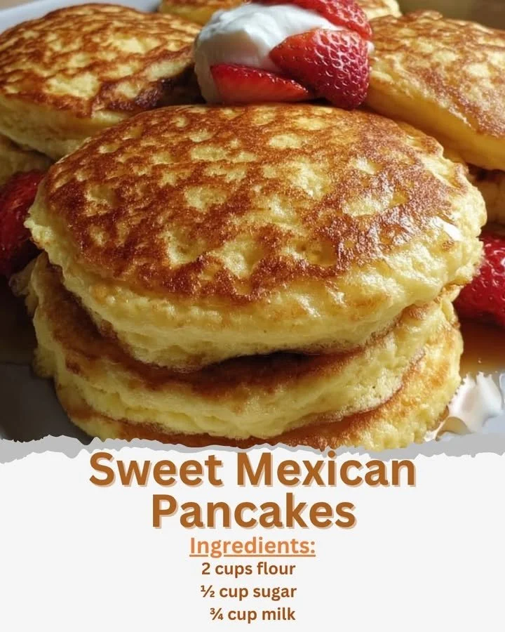 Delicious sweet Mexican pancakes topped with syrup and fresh fruit.