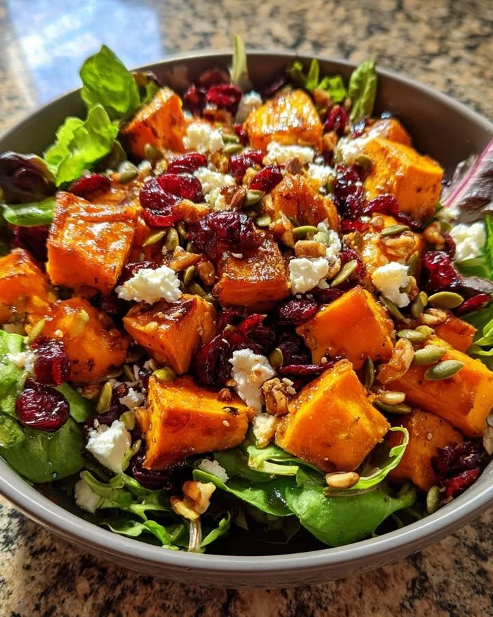 Sweet potato salad with cranberries, feta cheese, and maple dressing on a plate.