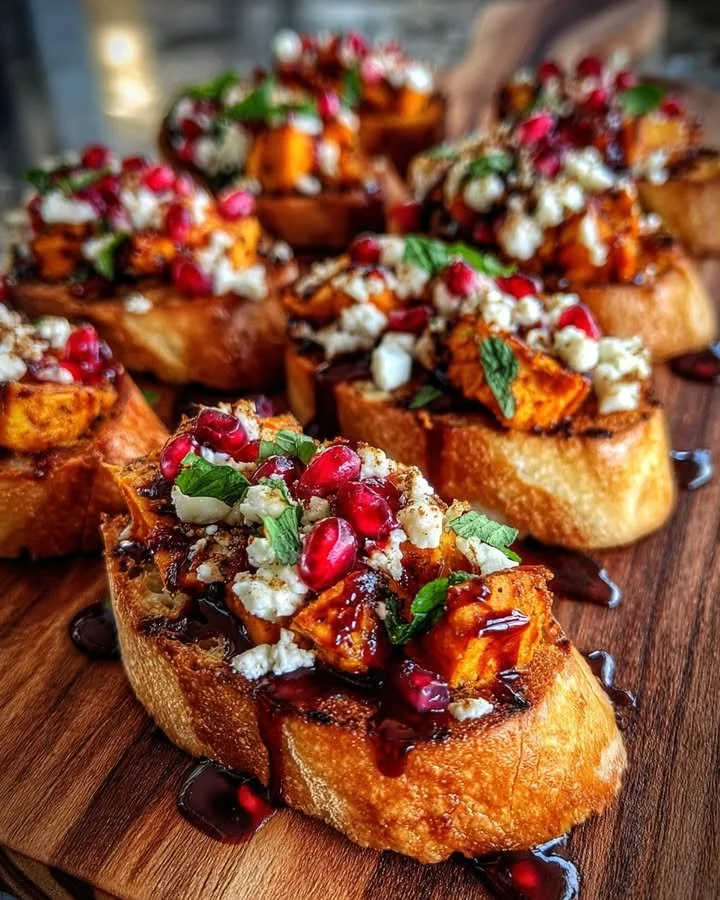 Sweet potato feta crostini garnished with pomegranate drizzle on a serving platter.