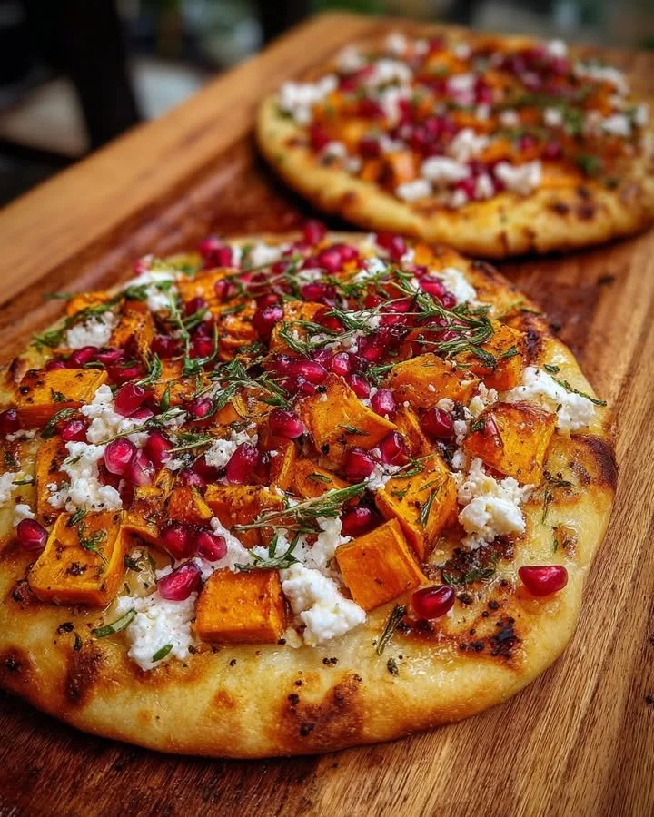 Sweet Potato, Goat Cheese & Pomegranate Flatbread topped with fresh ingredients