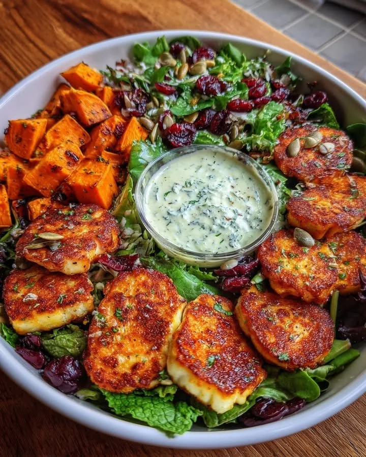 Colorful sweet potato salad with halloumi, cranberries, and mint yogurt dressing.
