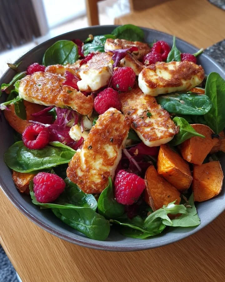 Sweet potato salad with halloumi cheese, raspberries, and basil vinaigrette.