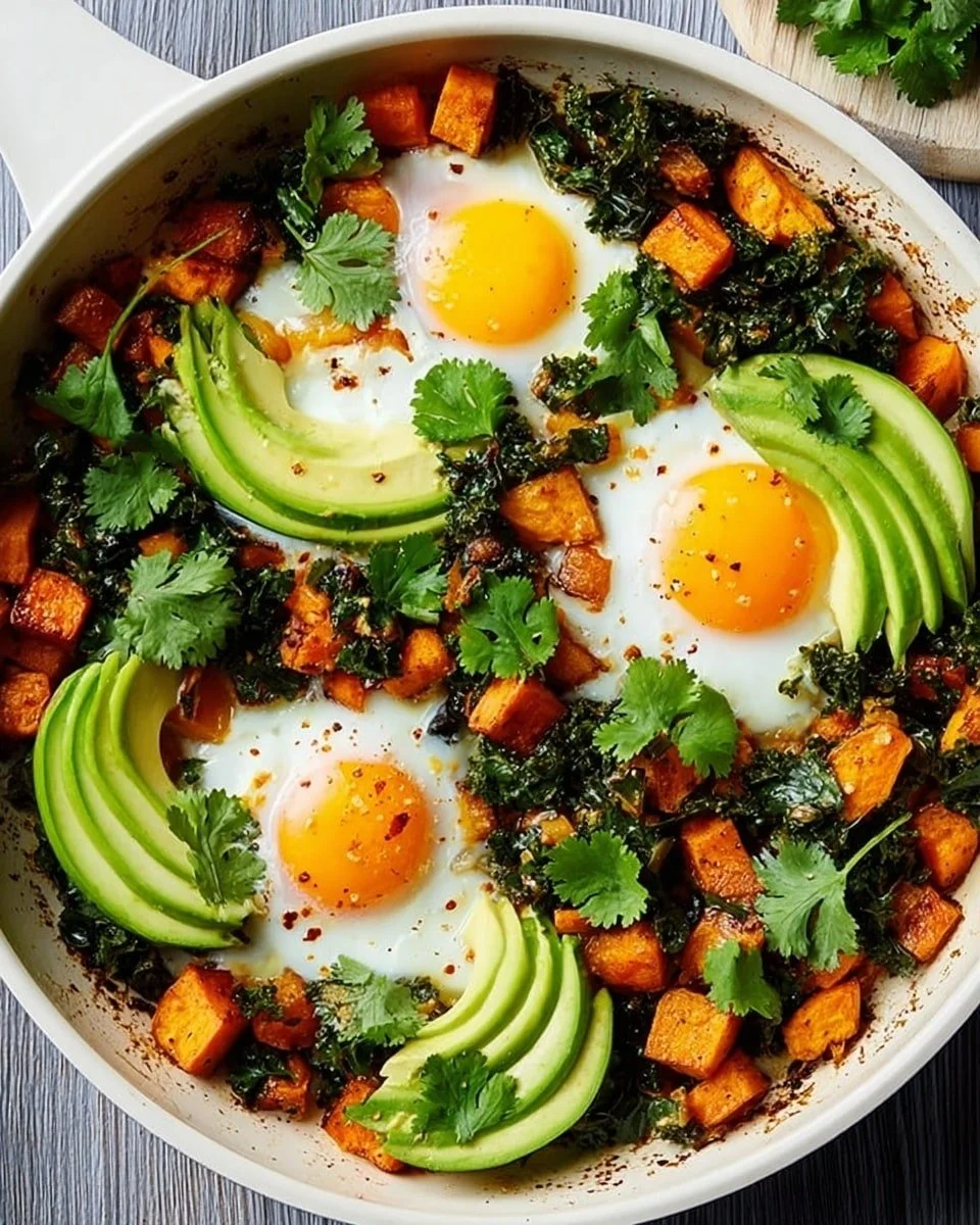 Delicious Sweet Potato Hash topped with Eggs and Avocado for a healthy breakfast.