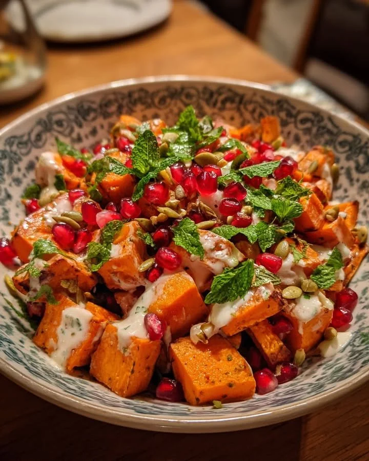 Delicious sweet potato salad with kefalotyri, pomegranate, and mint yogurt dressing