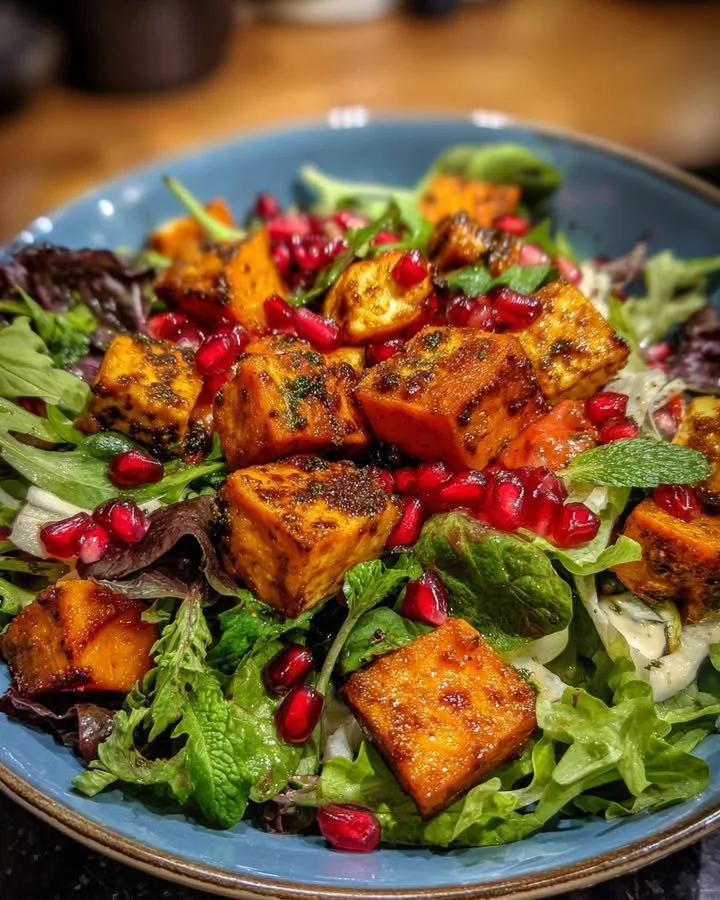 Sweet Potato Salad with paneer and pomegranate topped with basil vinaigrette