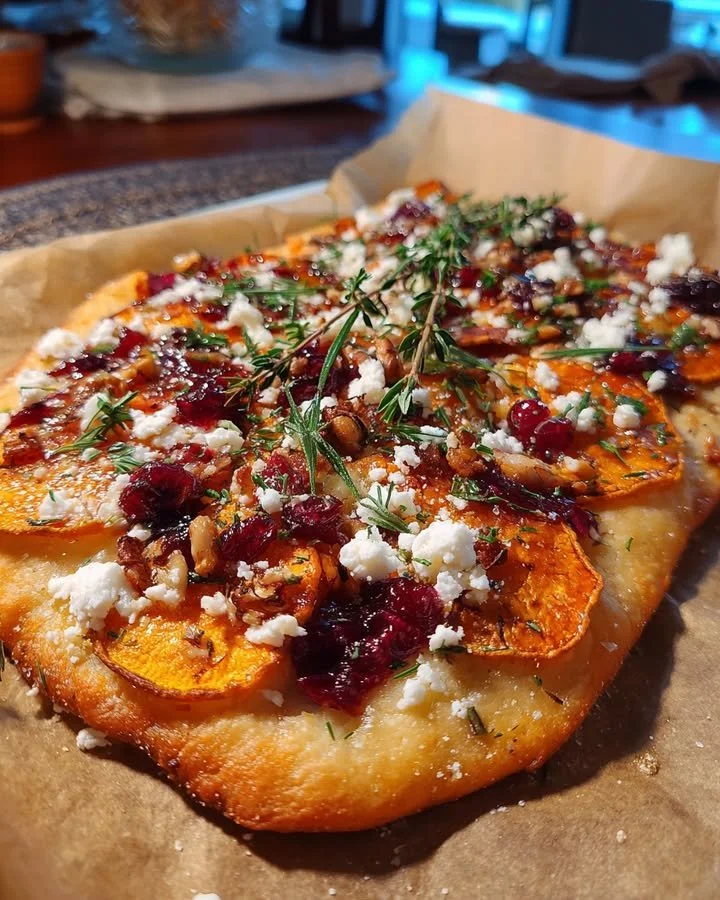 Sweet potato flatbread with pecans and maple cranberry sauce on a wooden table