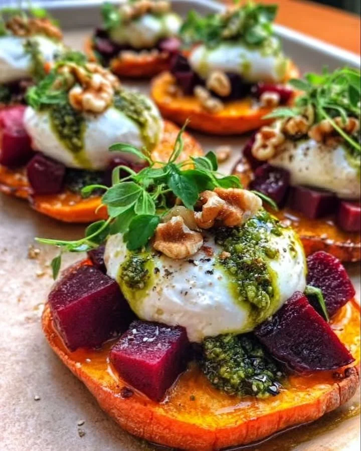 Sweet potato rounds with burrata cheese, roasted beets, and walnut sage pesto