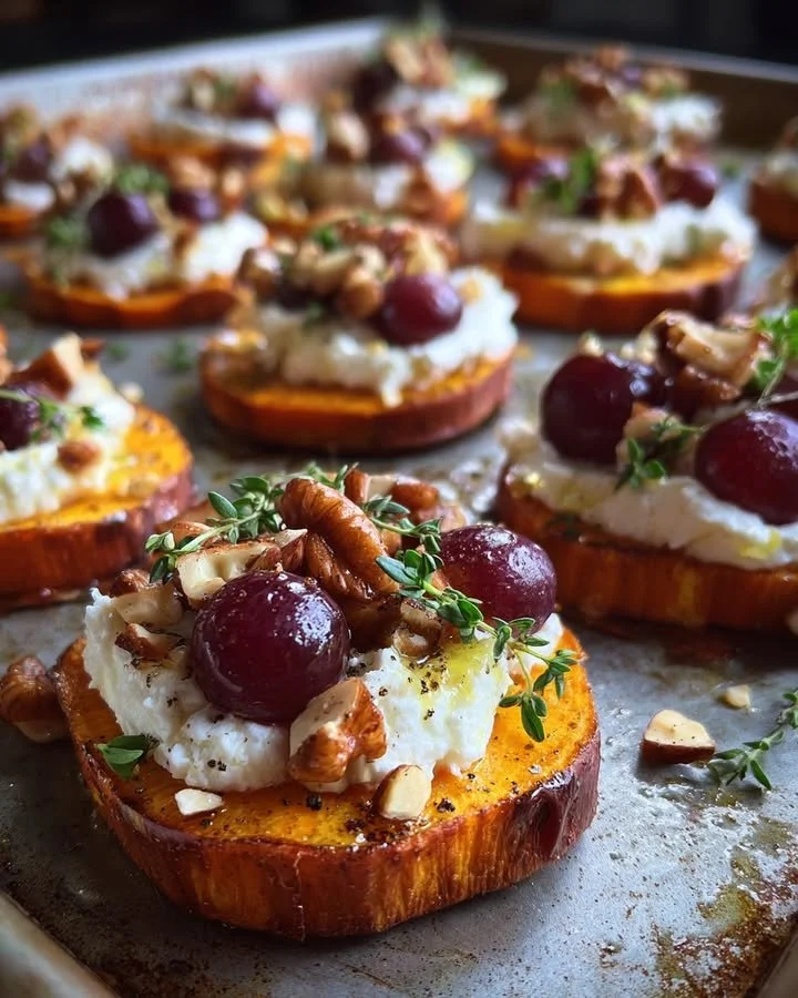 Sweet potato rounds with ricotta, grape relish, and toasted hazelnuts
