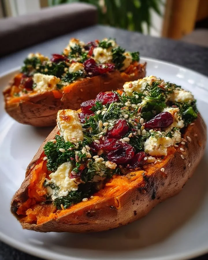Sweet potato stuffed with feta cheese, kale, and cranberries on a plate