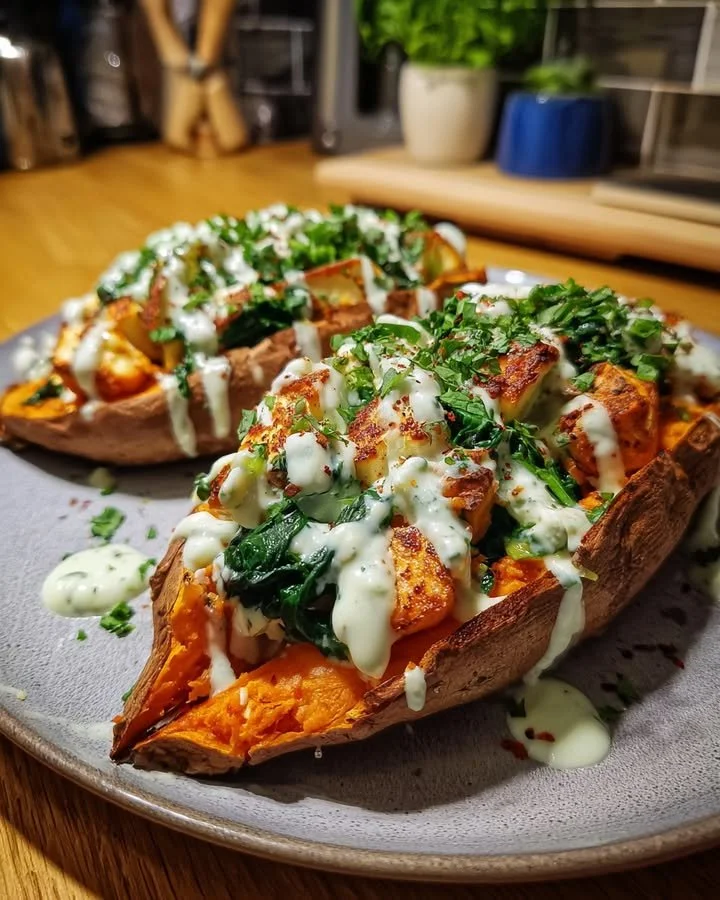 Sweet potato filled with halloumi, spinach, and drizzled with mint-yogurt dressing