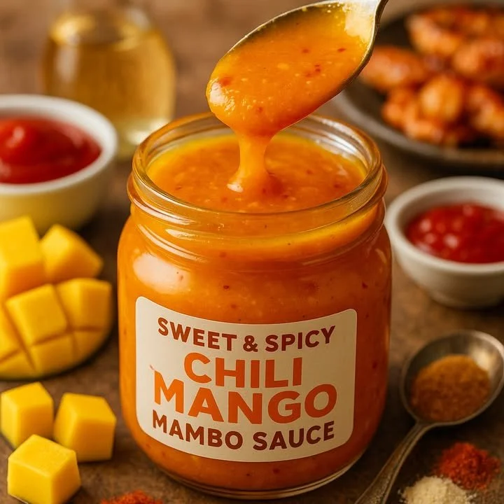 Bottle of sweet and spicy chili mango sauce for cooking and dipping