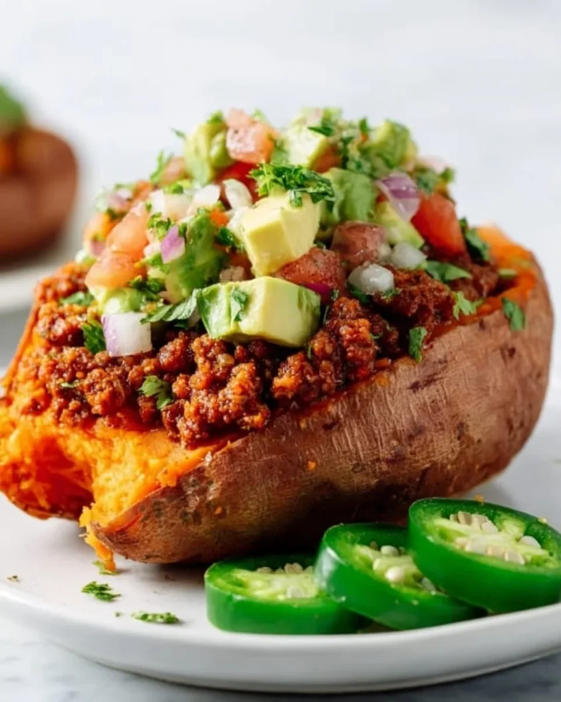 Taco stuffed sweet potatoes topped with cheese and salsa