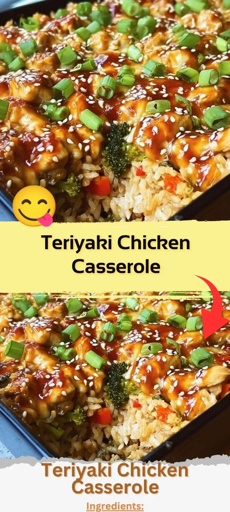 Delicious Teriyaki Chicken Casserole topped with green onions and sesame seeds.