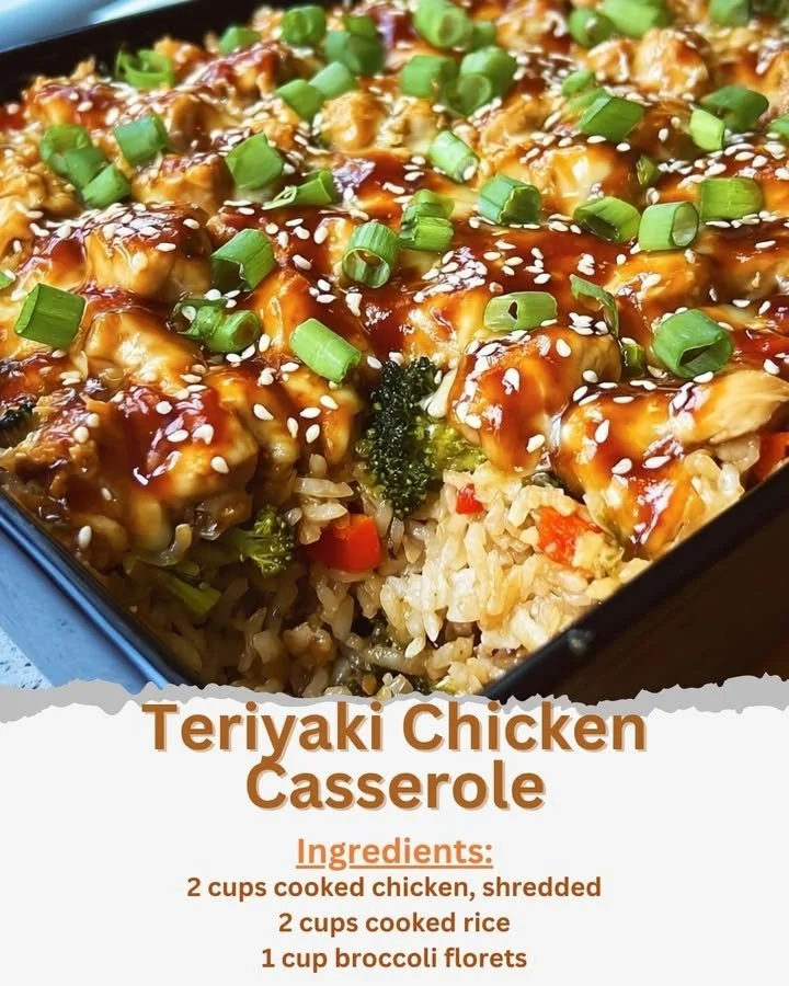 Delicious Teriyaki Chicken Casserole topped with green onions and sesame seeds.