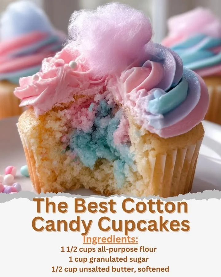 Delicious cotton candy cupcakes topped with colorful frosting and sprinkles