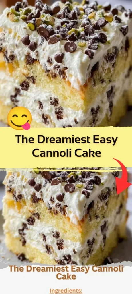 Delicious cannoli cake topped with chocolate chips and cream filling