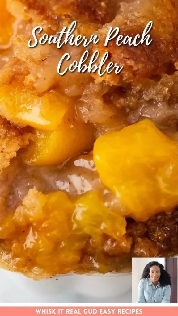 A delicious Southern peach cobbler fresh out of the oven, served warm.