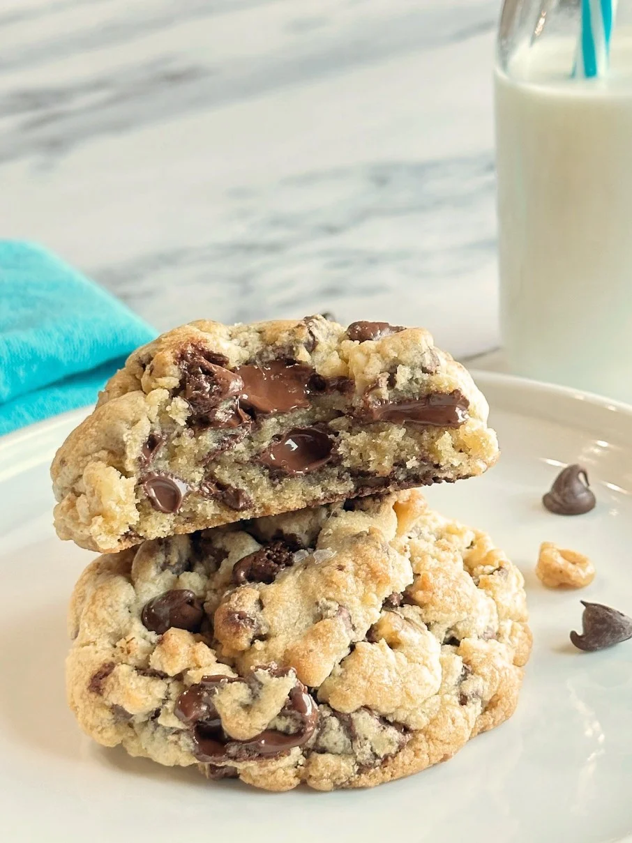 Thick and chewy chocolate chip cookies fresh from the oven