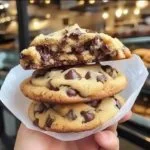 Thick and chewy chocolate chip cookies freshly baked on a cooling rack