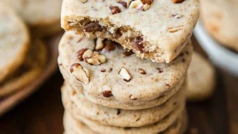 Delicious toffee pecan shortbread cookies on a baking tray