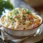 Bowl of ultimate classic macaroni salad with vegetables and dressing