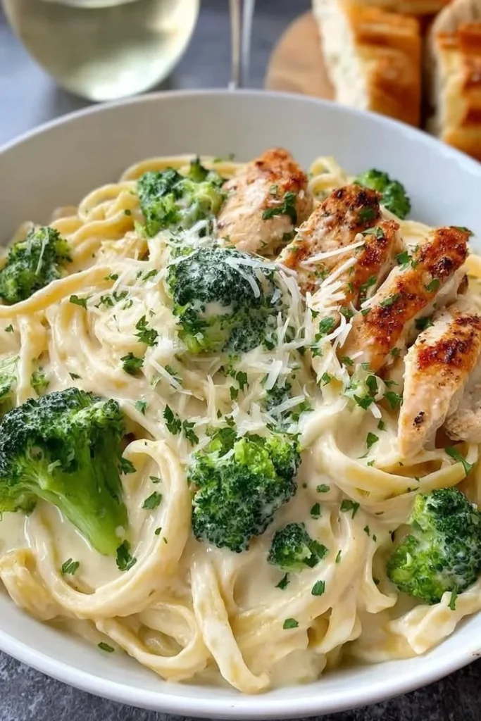 Creamy Chicken Alfredo with broccoli served in a bowl.