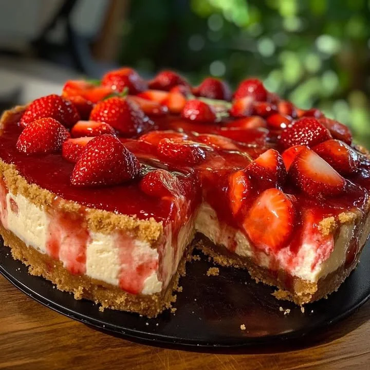 Delicious ultimate strawberry cheesecake topped with fresh strawberries