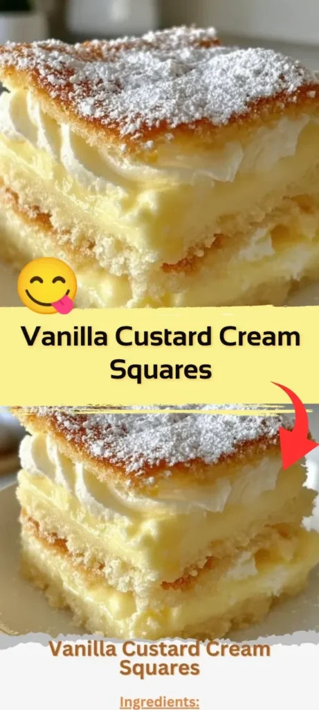 Delicious Vanilla Custard Cream Squares topped with whipped cream and strawberries