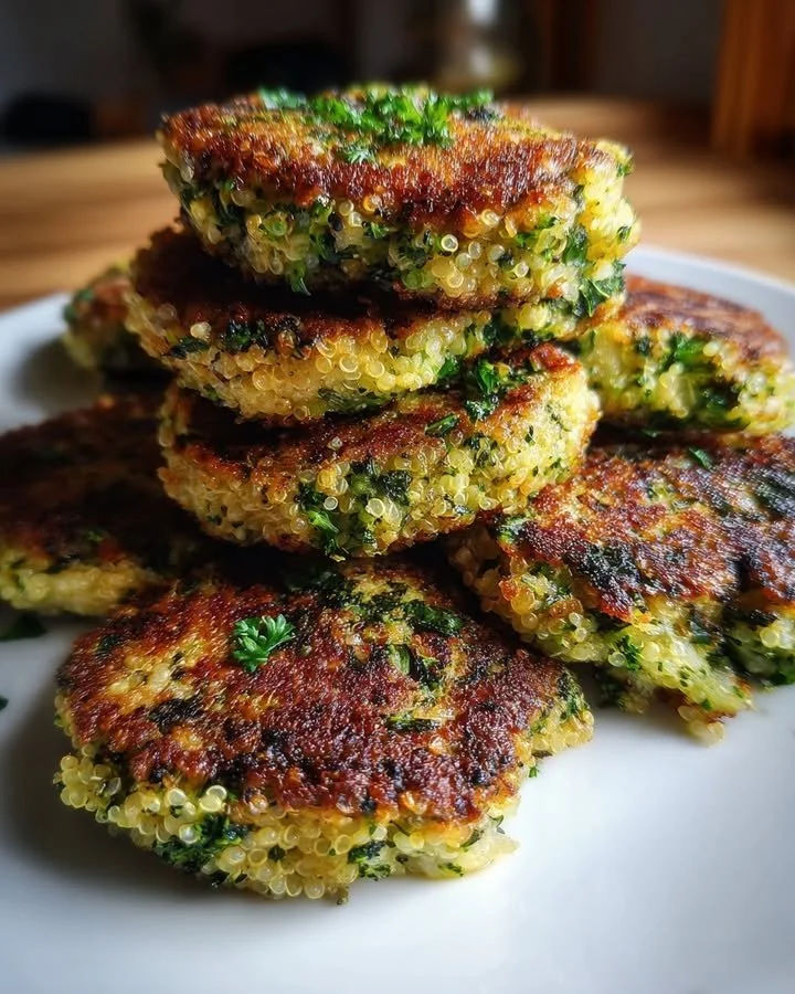 Vegan broccoli and quinoa cakes served on a plate with fresh herbs