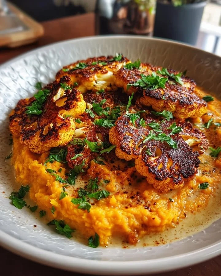 Vegan cauliflower steak served with mashed sweet potatoes on a plate.