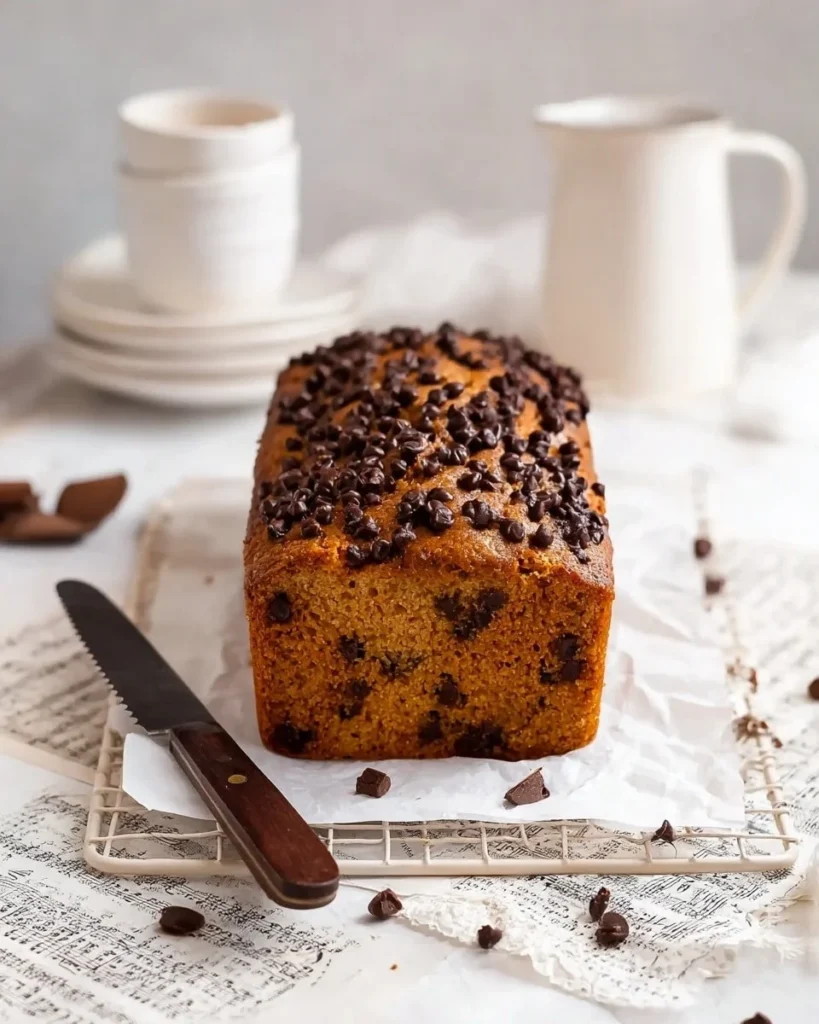 Vegan chocolate chip pumpkin bread loaf on a rustic wooden table