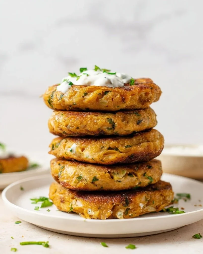 Vegan savory pumpkin fritters with lemony coconut yogurt dip on a plate