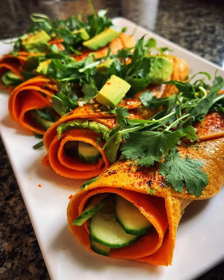 Viral carrot wraps filled with fresh vegetables and herbs, served on a plate.